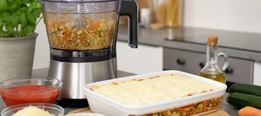 Gemuese-Lasagne mit Zutaten vorbereitet in der Kuechenmaschine