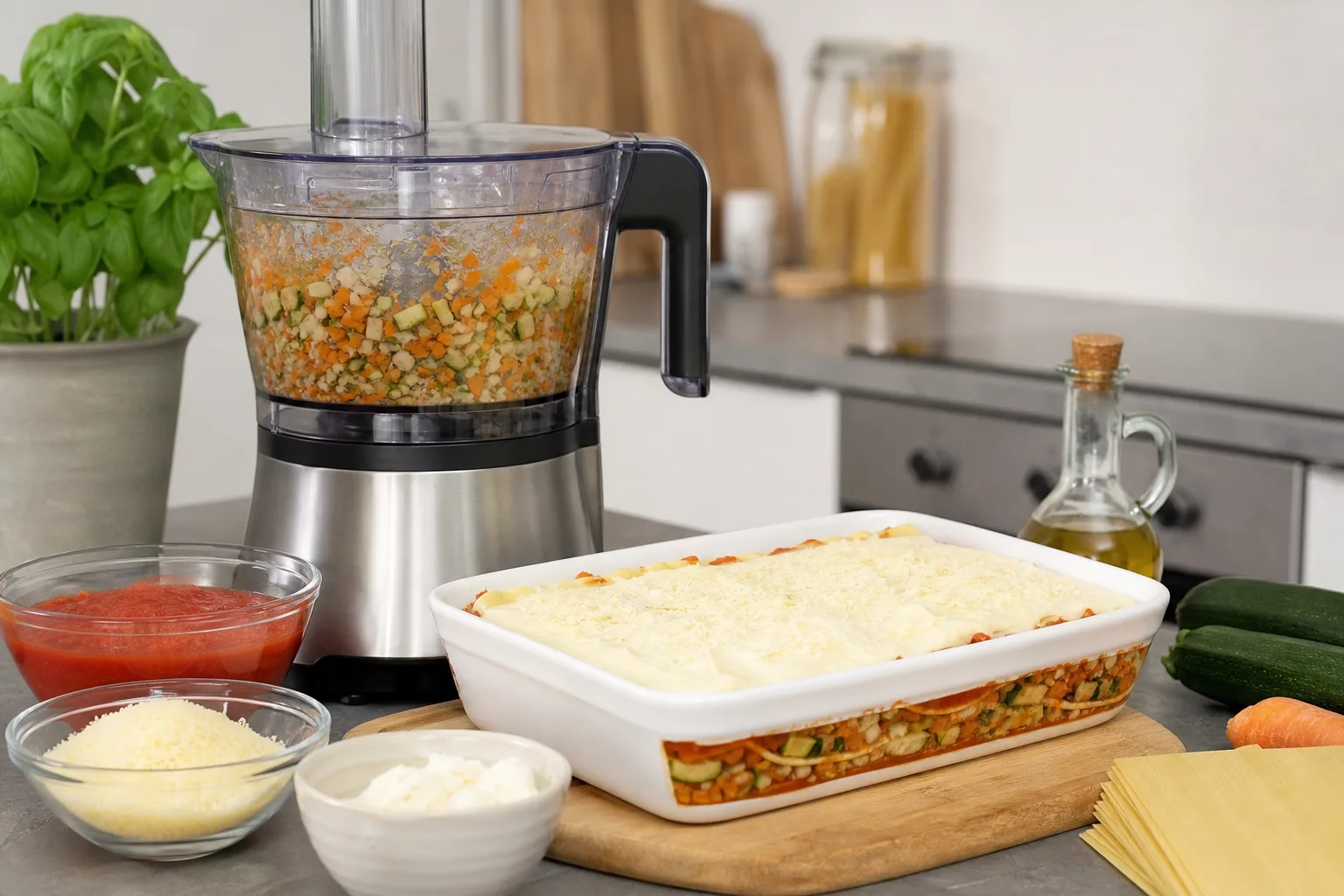 Gemuese-Lasagne mit Zutaten vorbereitet in der Kuechenmaschine